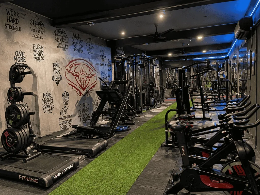 Free weight plate rack, leg press, and spin bikes